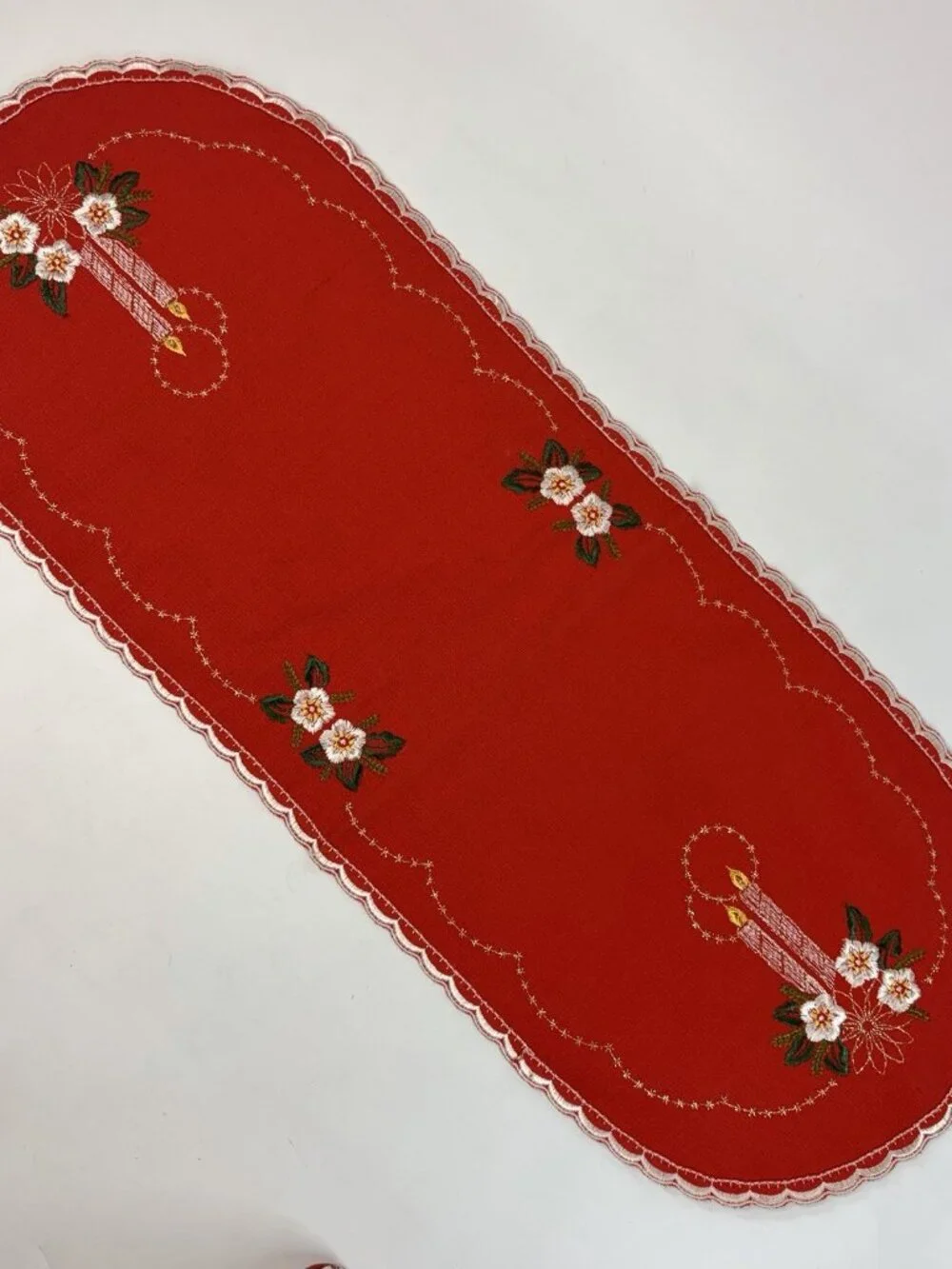 VTG W Germany Red Christmas Table Runner Embroidered Floral Candles Centerpiece